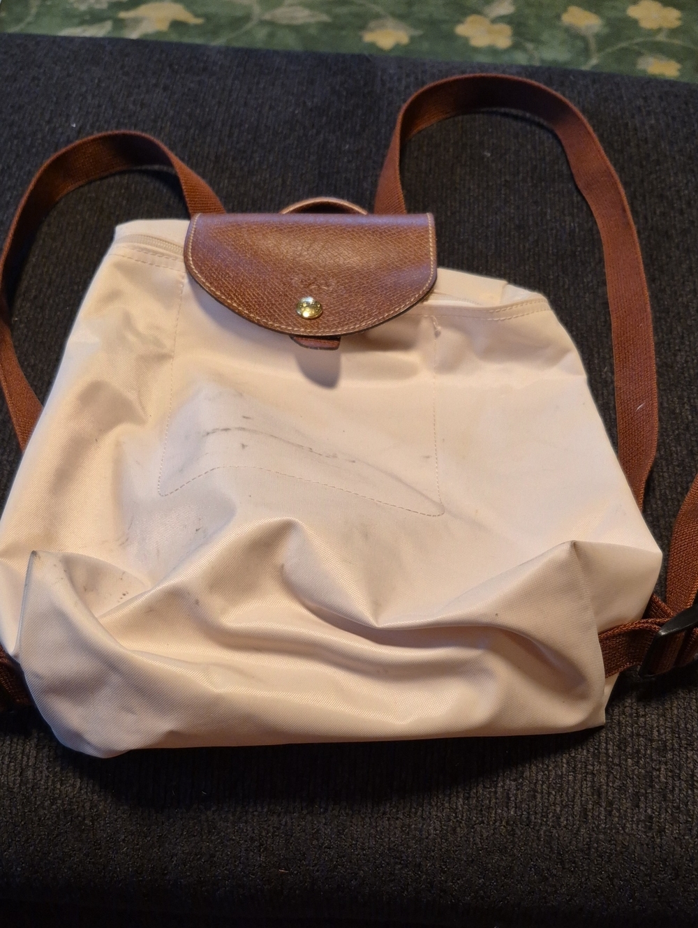Longchamp Cream Backpack with Brown Trim
